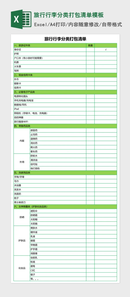 旅行行李分类打包清单excel表格模板 旅行行李分类打包清单excel表格模板