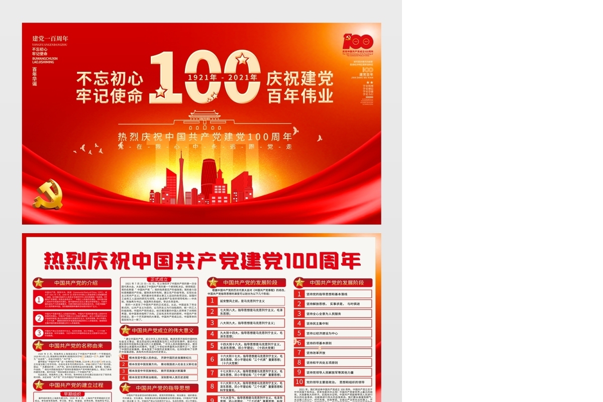 2021不忘初心牢记使命热烈庆祝建党100周年展板设计模板