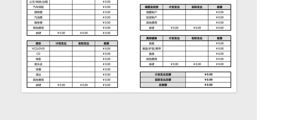 个人月度预算excel模版