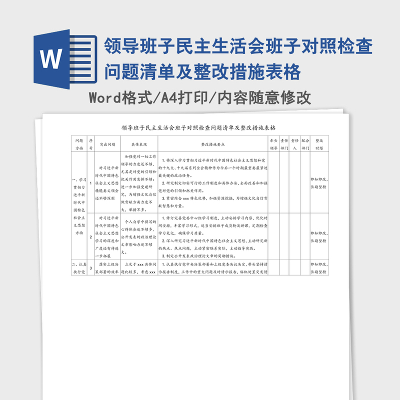 领导班子民主生活会班子对照检查问题清单及整改措施表格 领导班子民主生活会班子对照检查问题清单及整改措施表格
