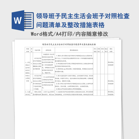 领导班子民主生活会班子对照检查问题清单及整改措施表格