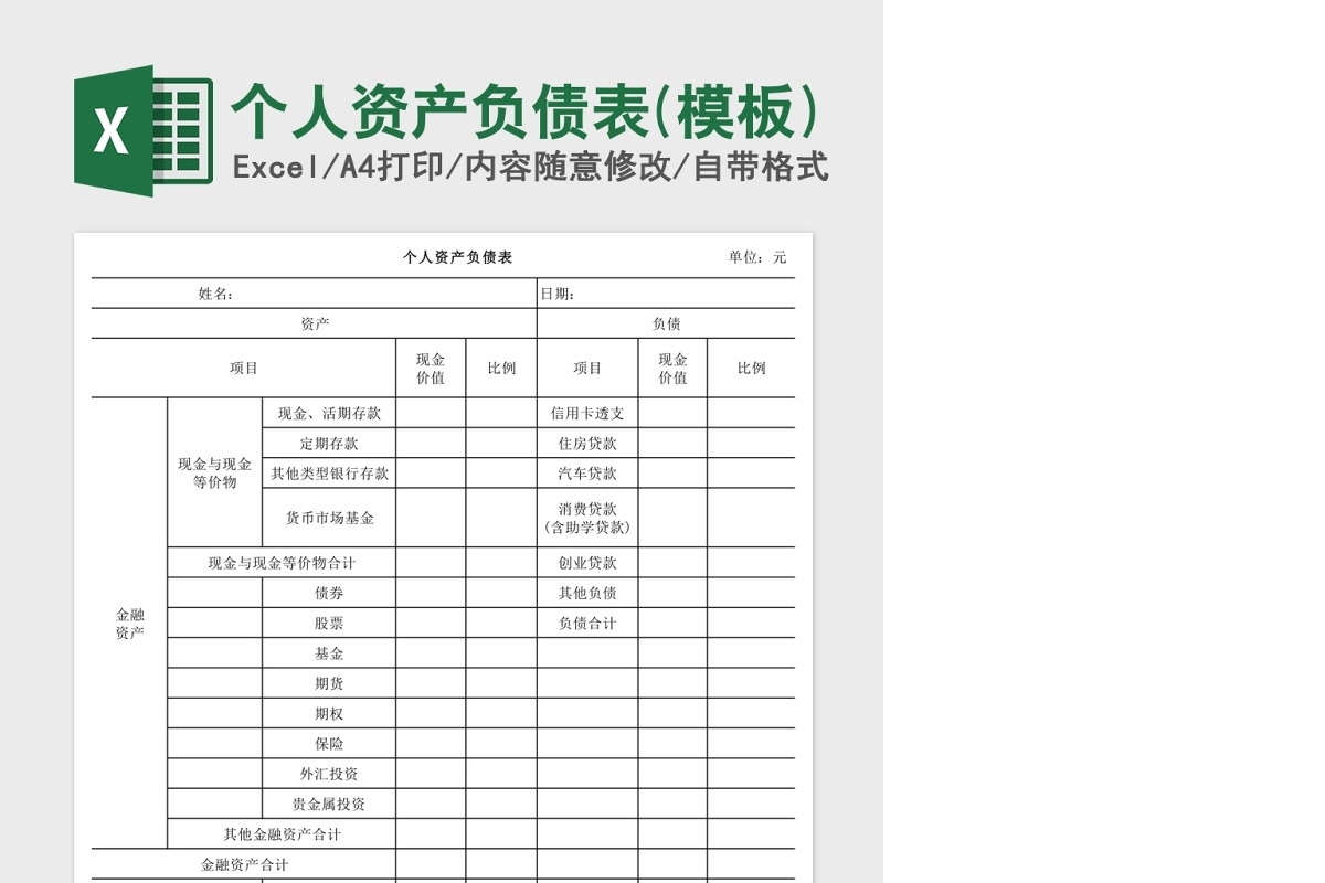 个人资产负债表Excel