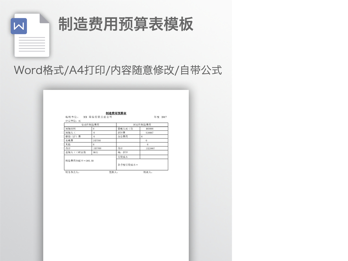 制造费用预算表模板 制造费用预算表模板