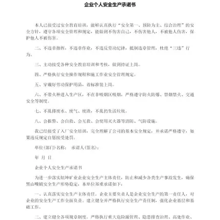 企业个人安全生产承诺书