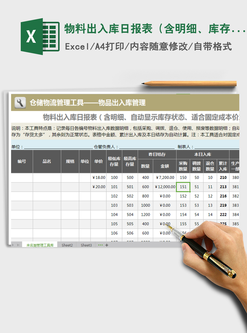 2021年物料出入库日报表(含明细、库存监控、适合固定成本价 2021年物料出入库日报表(含明细、库存监控、适合固定成本价