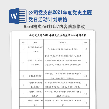 公司党支部2021年度党史主题党日活动计划表格