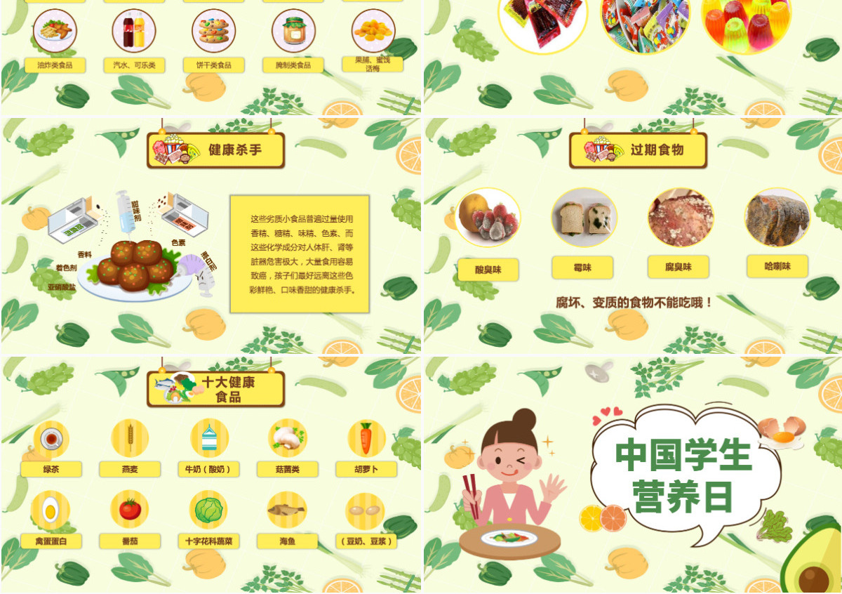 绿色卡通全国学生营养日主题班会PPT课件