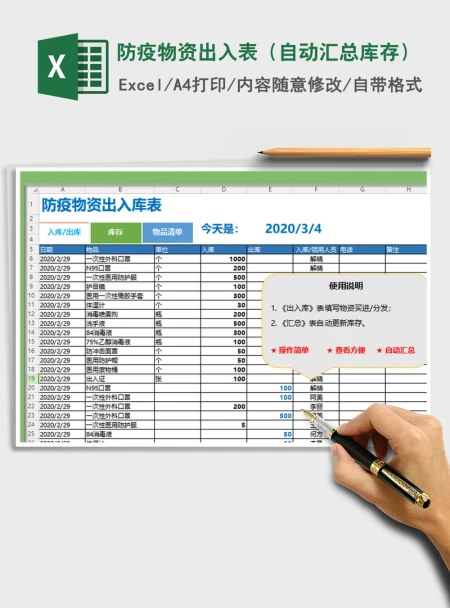 2021年防疫物资出入表(自动汇总库存) 2021年防疫物资出入表(自动汇总库存)