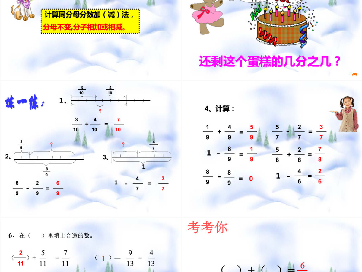小学数学课件第五册分数的简单计算PPT模板 小学数学课件第五册分数的简单计算PPT模板