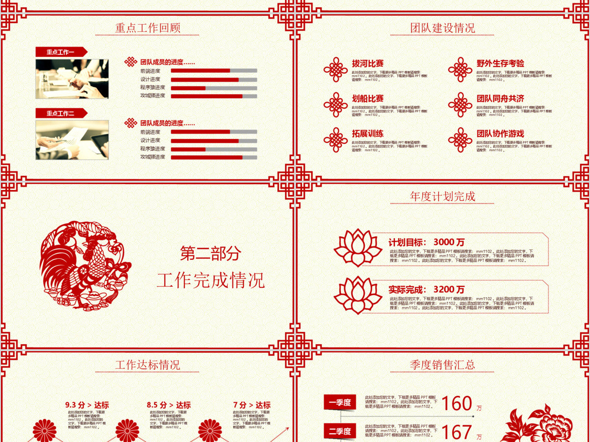 2017鸡年中国风红色剪纸总结计划ppt模板