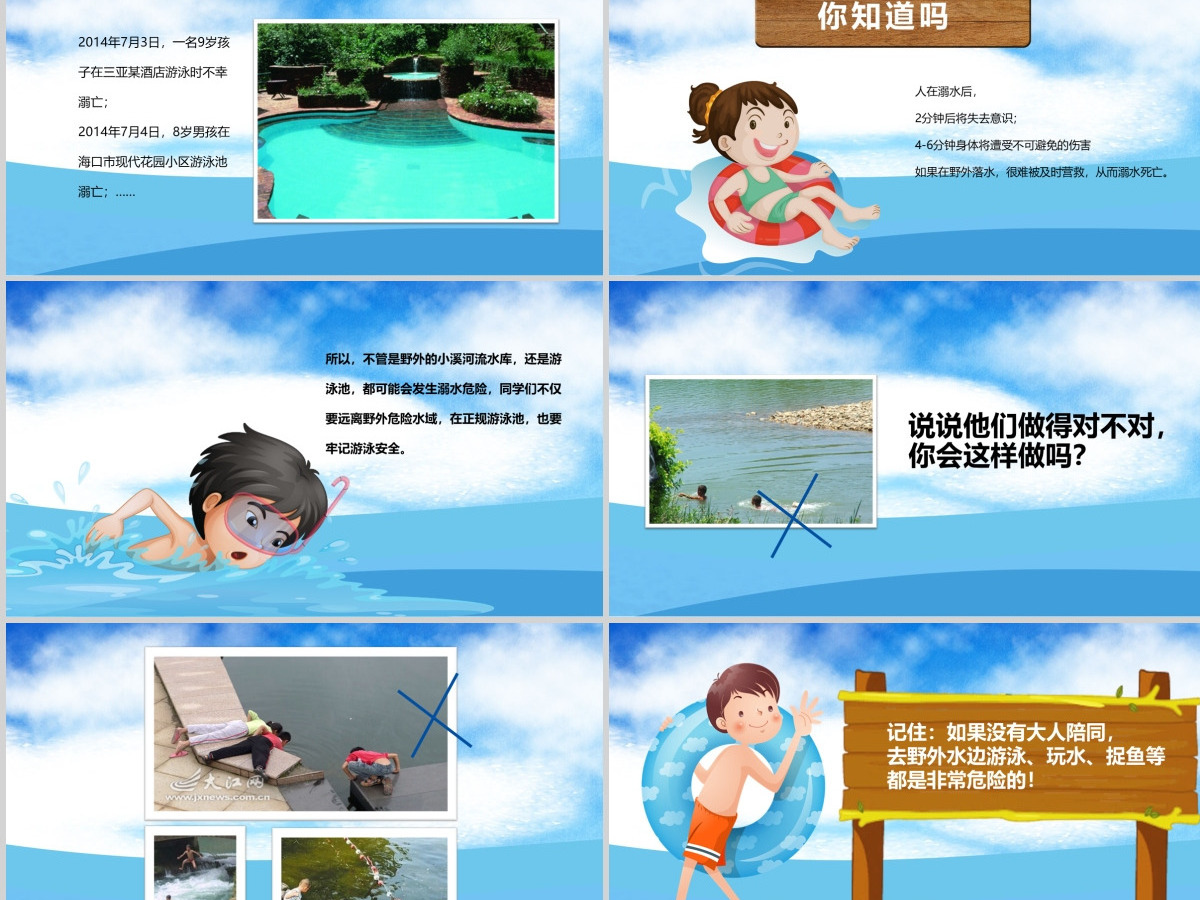 2020年卡通小学生安全教育游泳防溺水讲座PPT