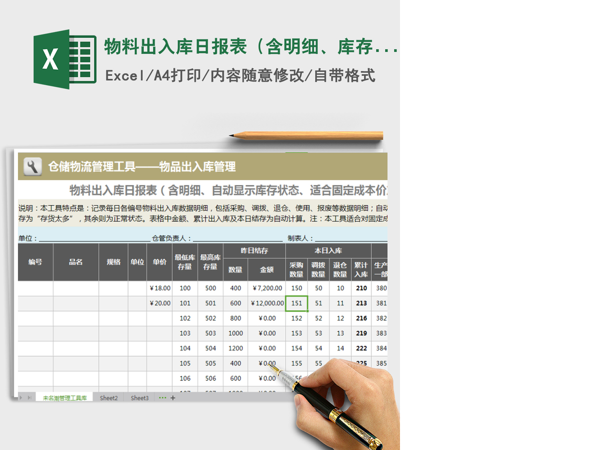 2021年物料出入库日报表(含明细、库存监控、适合固定成本价 2021年物料出入库日报表(含明细、库存监控、适合固定成本价