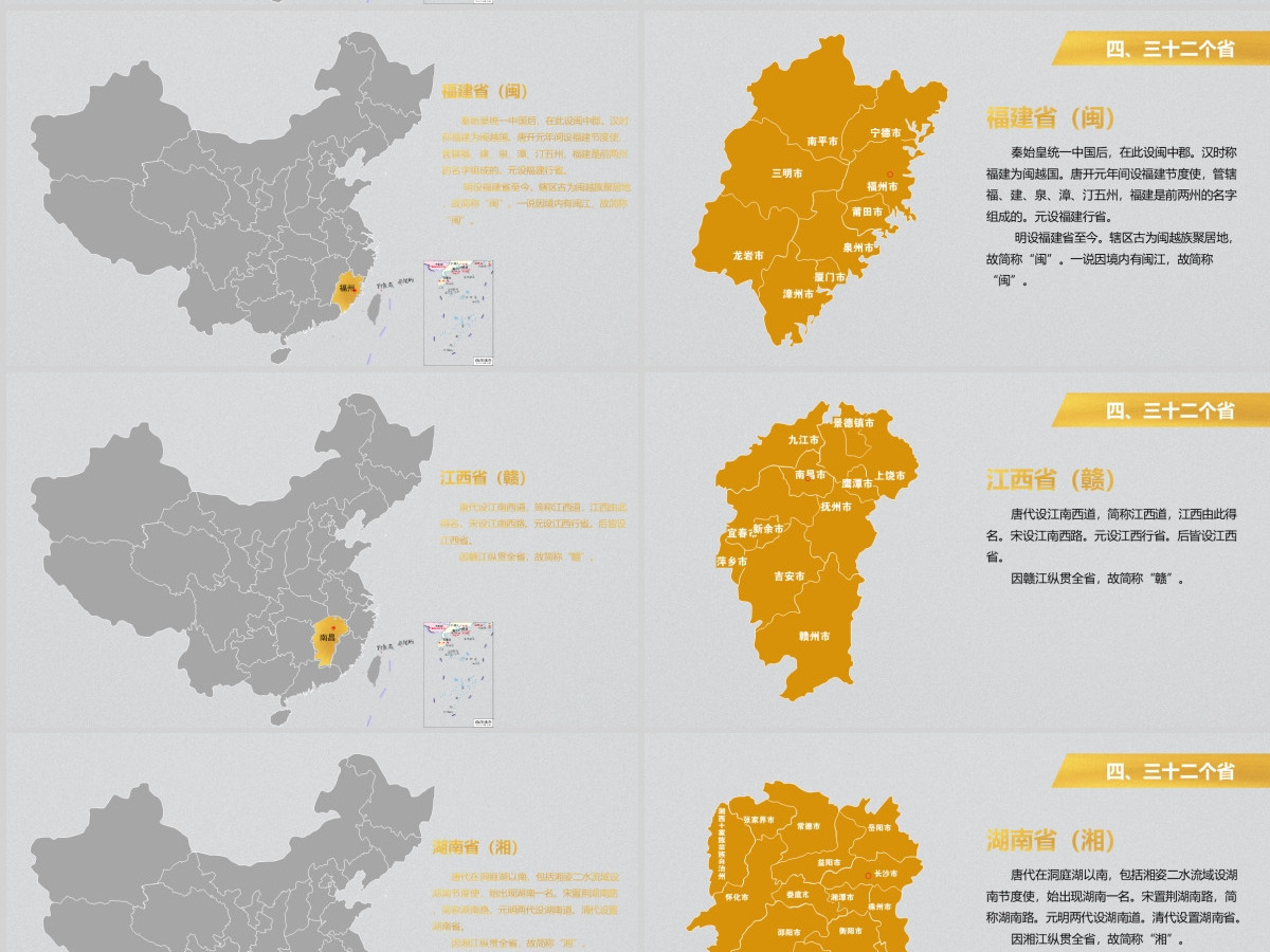 灰底亮丽黄中国地图各省份矢量地图PPT图表合集