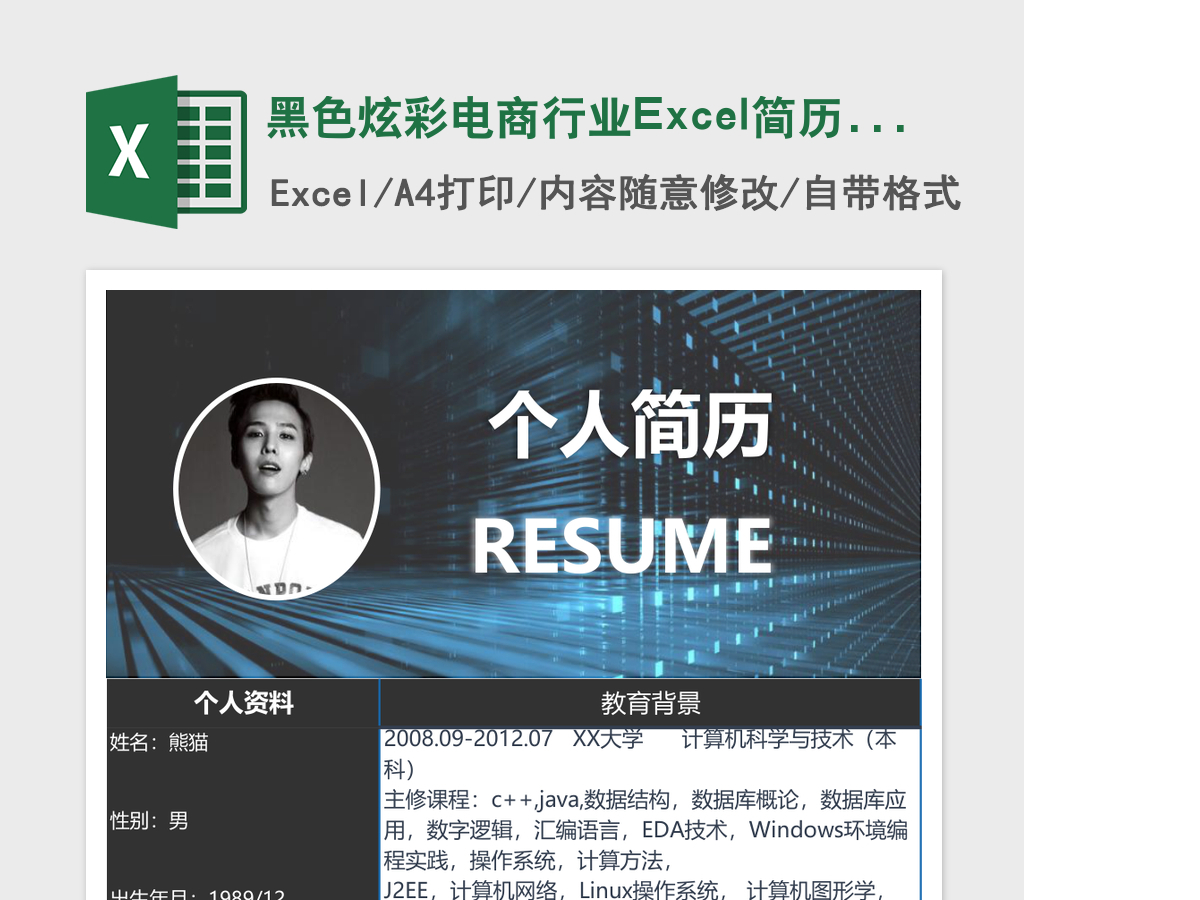 黑色炫彩电商行业Excel简历表格模版 黑色炫彩电商行业Excel简历表格模版