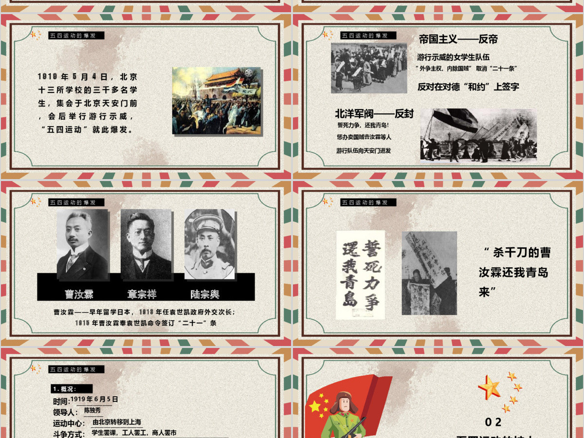 复古五四运动历史介绍课件教学通用PPT模板
