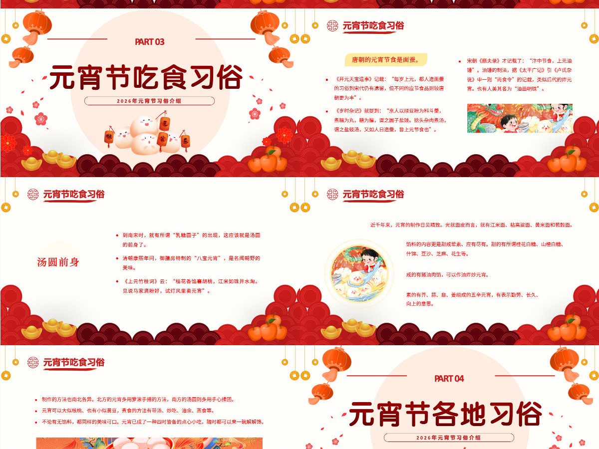 红色喜庆元宵节汤圆灯笼元宵习俗传统文化PPT课件模板