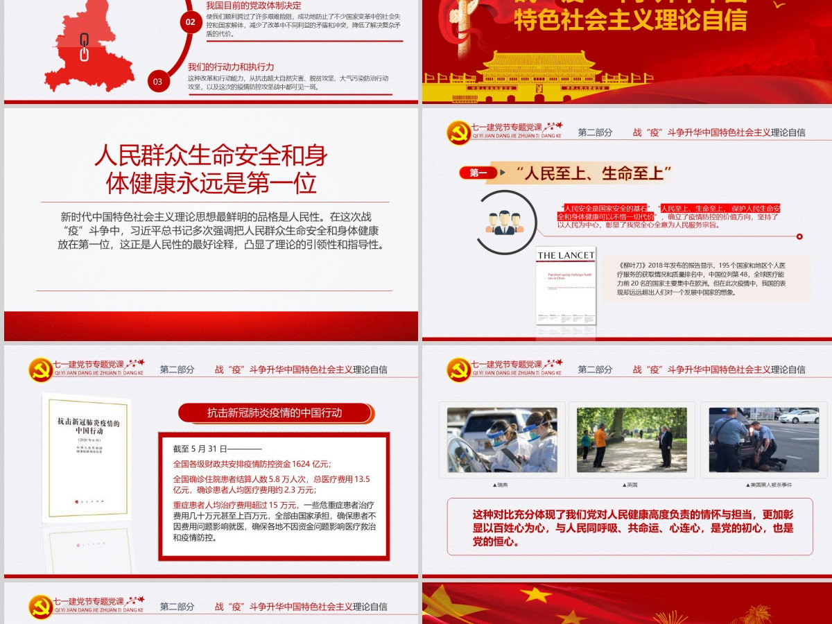 七一党课在中外战疫对比中升华四个自信PPT模板-含讲稿
