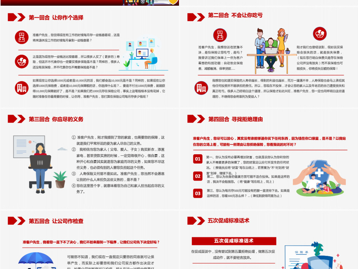 红色简约风2022保险营销促成话术保险行业五次促成标准化术培训PPT模板