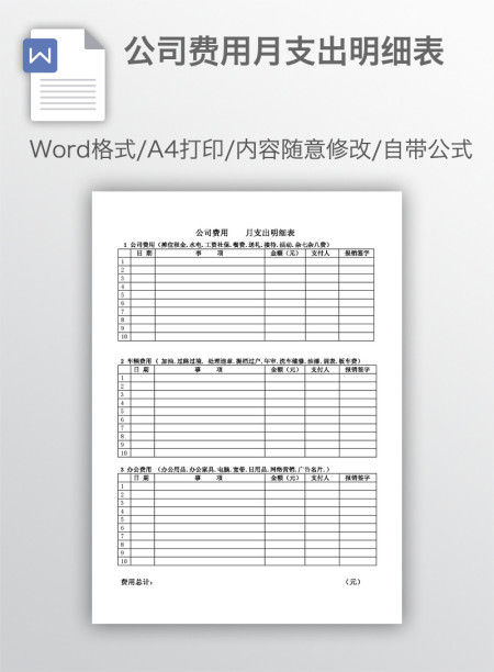 公司费用月支出明细表