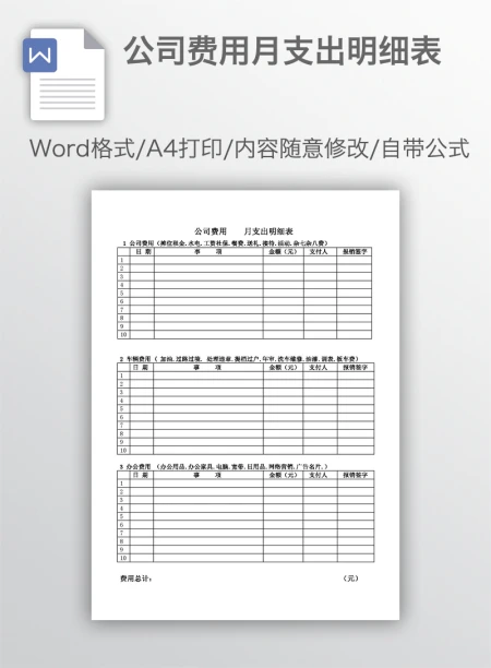 公司费用月支出明细表 公司费用月支出明细表