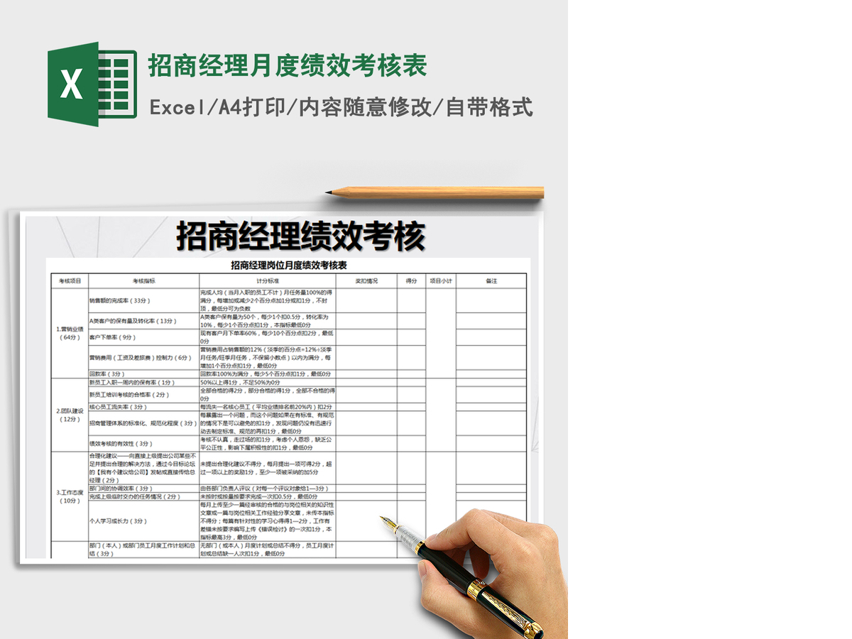2022年招商经理月度绩效考核表免费下载 2022年招商经理月度绩效考核表免费下载
