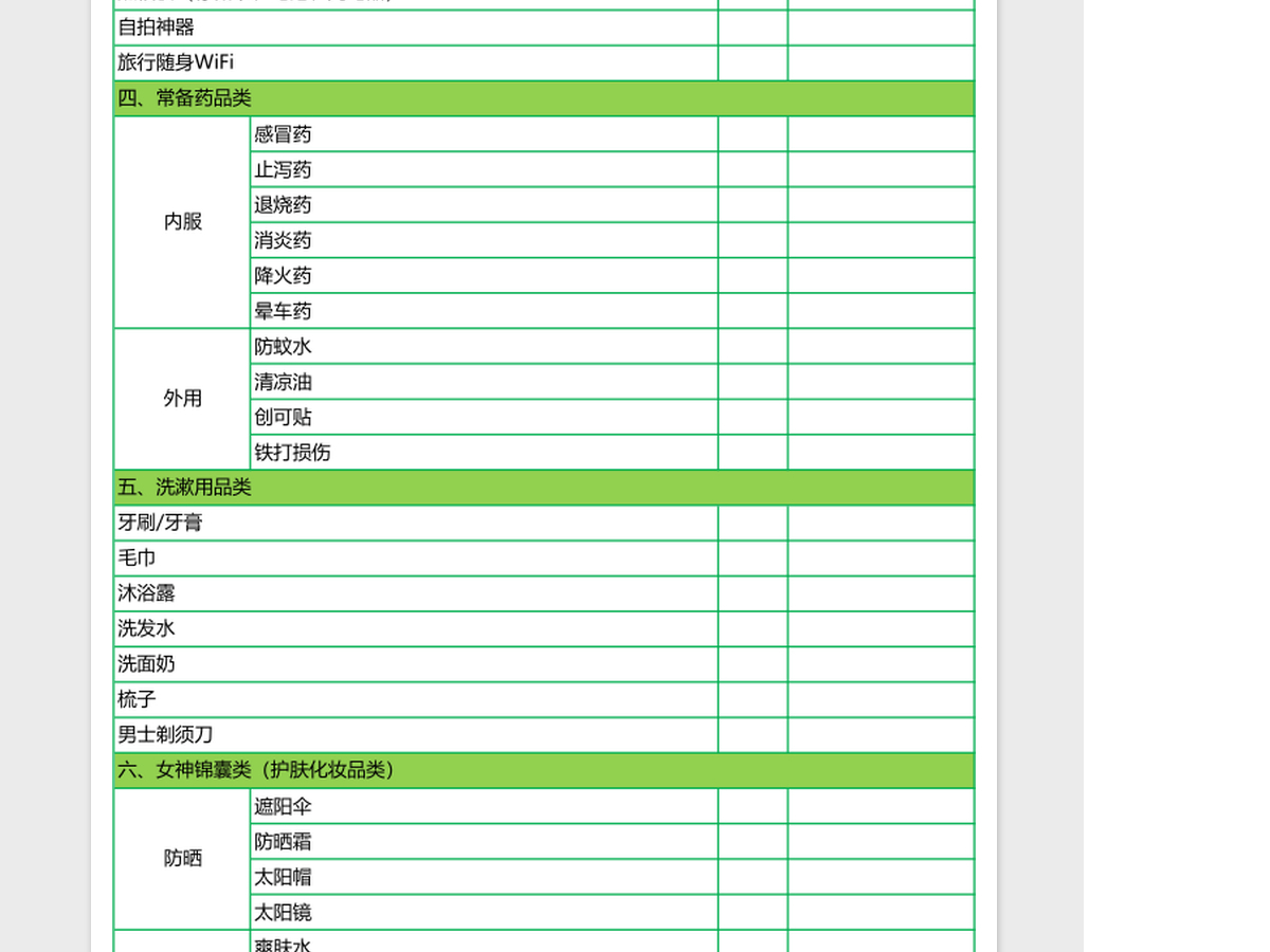 旅行行李分类打包清单excel表格模板 旅行行李分类打包清单excel表格模板
