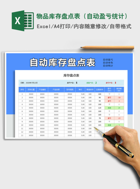 2021年物品库存盘点表（自动盈亏统计）