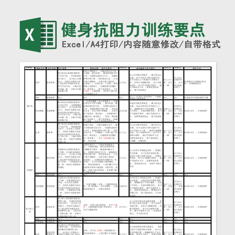 健身抗阻力训练要点Excel表