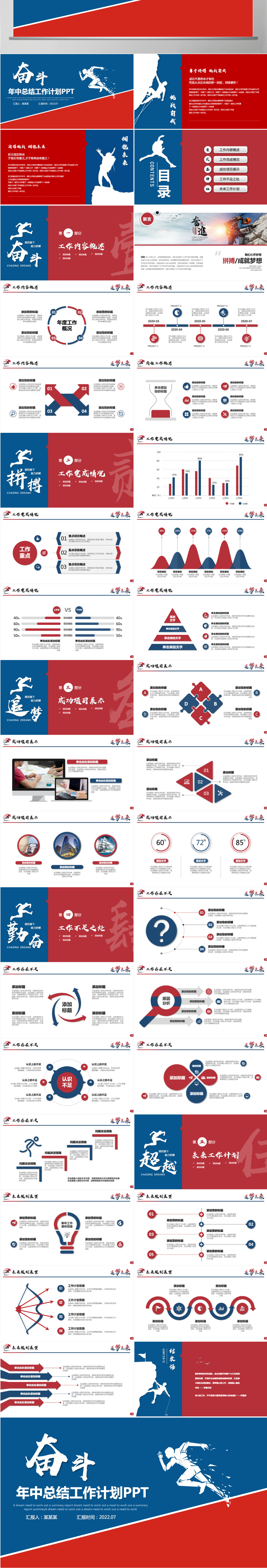 2022年中总结计划红蓝撞色励志上半年工作总结暨下半年工作计划述职报告模板PPT
