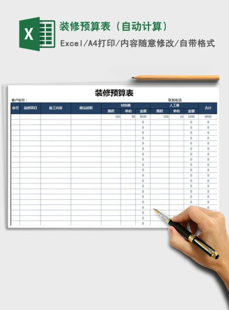 2021年装修预算表（自动计算）