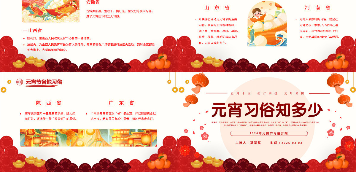 红色喜庆元宵节汤圆灯笼元宵习俗传统文化PPT课件模板