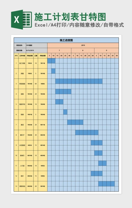 施工计划表甘特图Excel表格模板