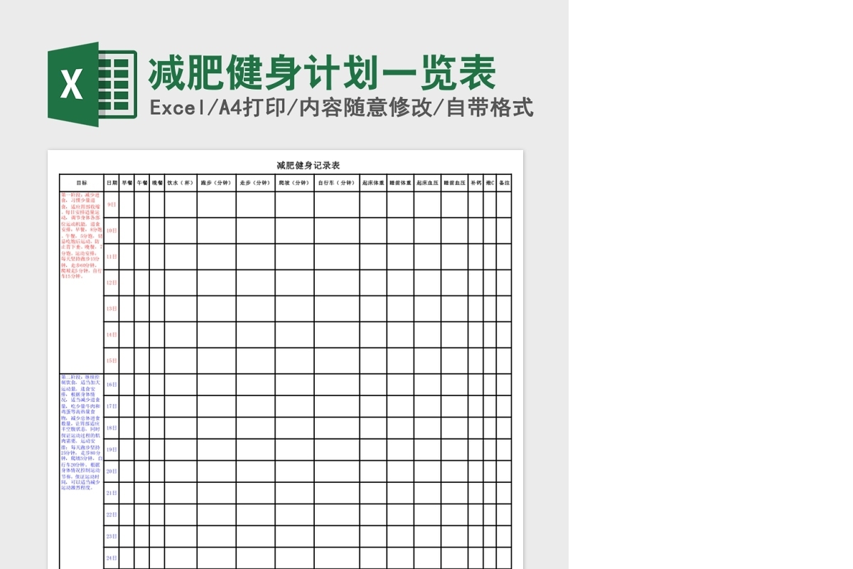 减肥健身计划一览Excel表