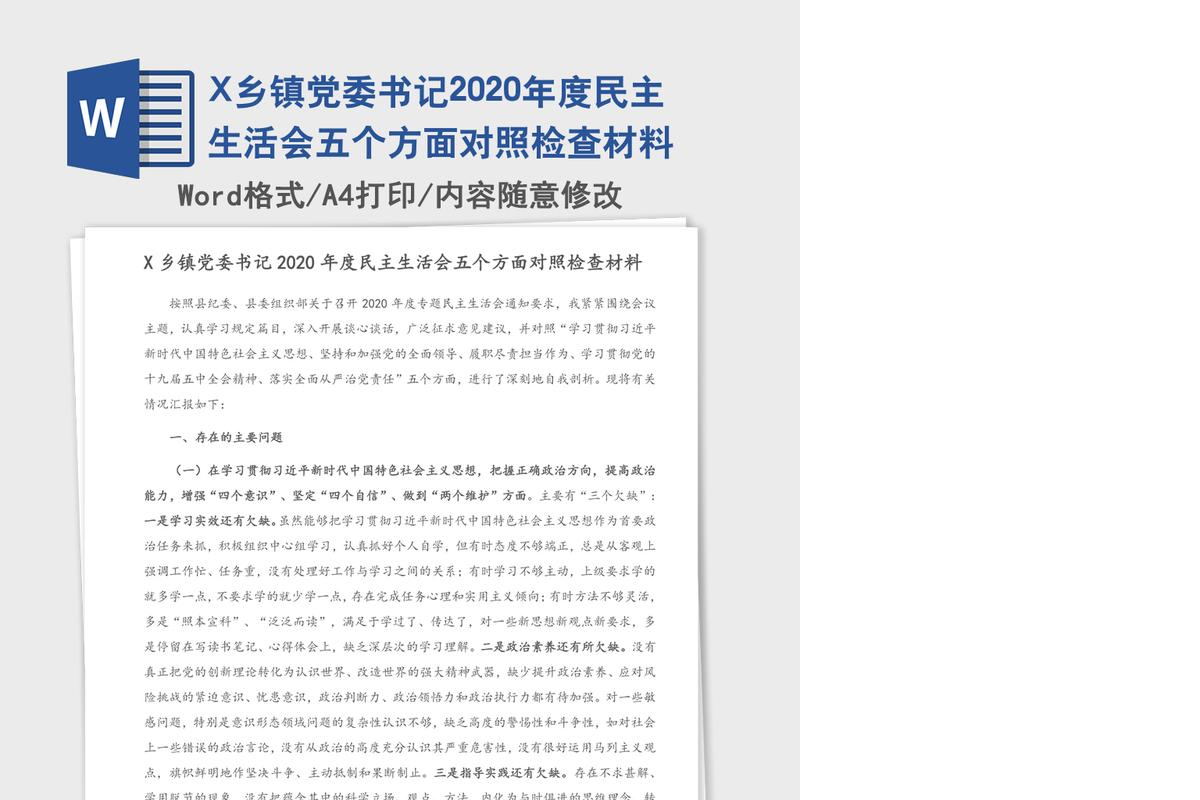 X乡镇党委书记2020年度民主生活会五个方面对照检查材料