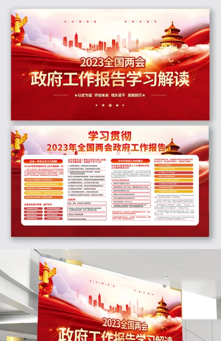 2023两会工作报告学习解读红色党建展板设计海报