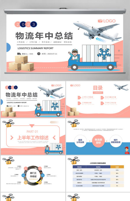 2023物流行业年中总结计划蓝色沉静简洁风物流部经理物流公司下半年工作计划述职报告PPT