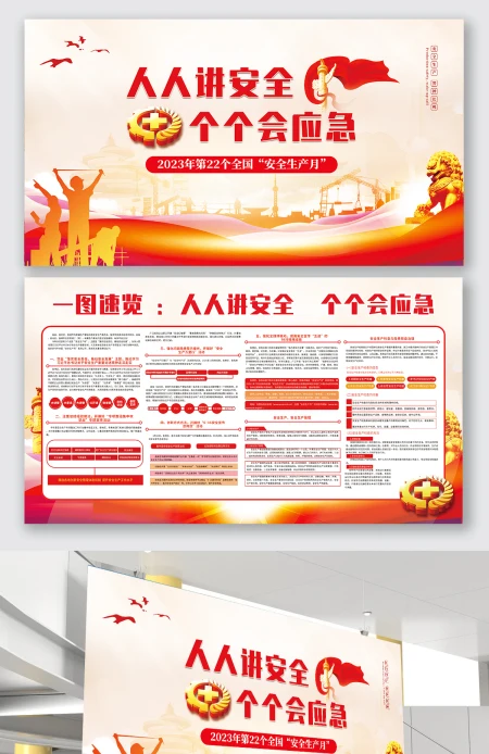 红色2023年全国安全生产月人人讲安全个个会应急活动内容展板海报设计