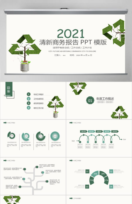 2019绿色清新环保商务述职报告PPT模板