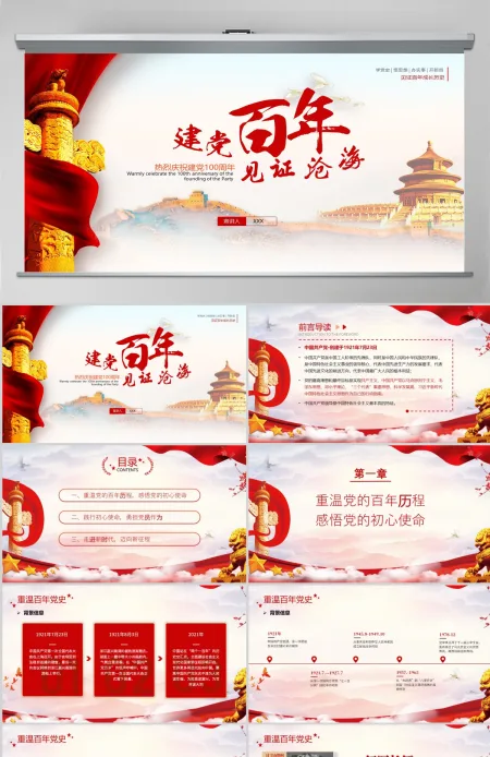 简约党政风建党百年见证沧海建党节PPT--含讲稿