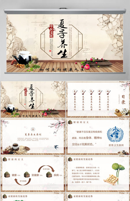 夏季养生简约插画风四季养生通用PPT模板