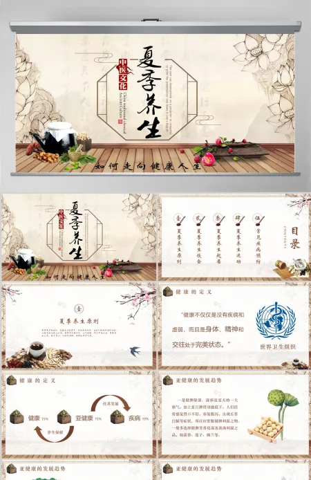 夏季养生简约插画风四季养生通用PPT模板 夏季养生简约插画风四季养生通用PPT模板