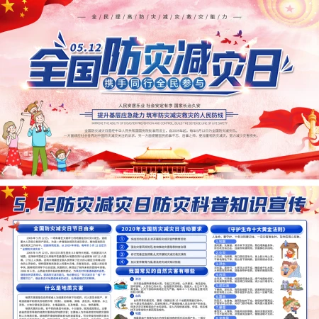 党建风5.12防灾减灾日防灾科普展板
