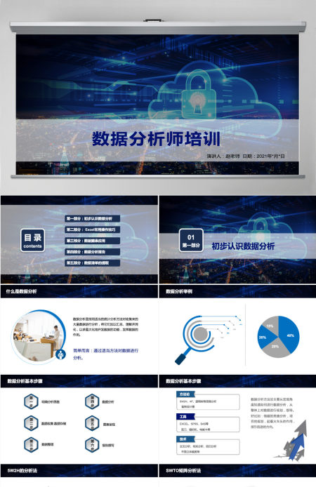 蓝色科技风数据分析师培训财务分析报告数据图表培训PPT模板