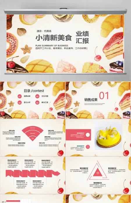 小清新美食类业绩汇报ppt模板