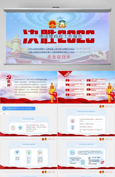2020蓝色红色新拟态风全国两会聚焦两会精神PPT模版 2020蓝色红色新拟态风全国两会聚焦两会精神PPT模版