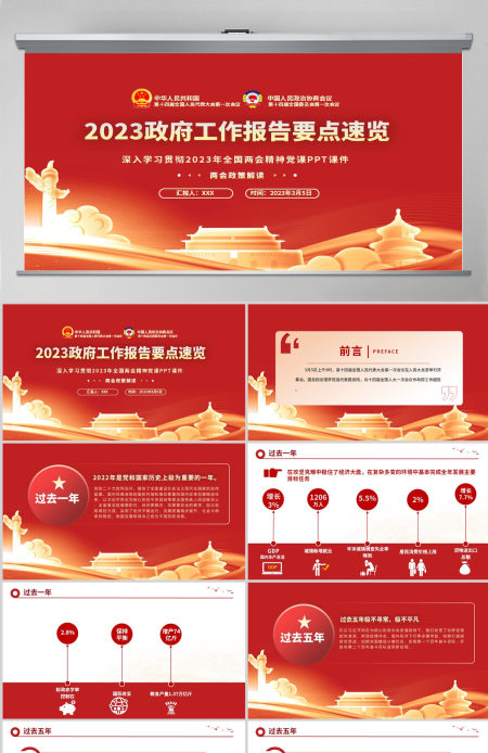 2023政府工作报告要点速览PPT红色大气深入学习贯彻全国两会精神党课课件