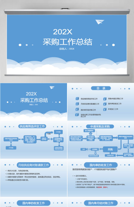 蓝色简洁采购工作总结PPT模板