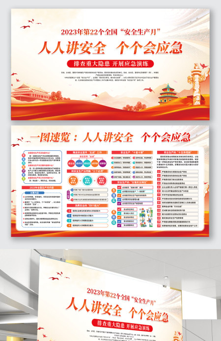 2023年全国安全生产月内容一图速览人人讲安全个个会应急展板设计